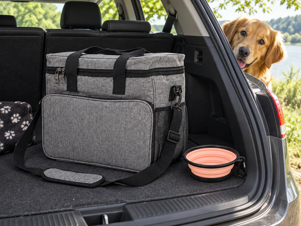 Pet Travel Organizer Kit open in a car boot beside the collapsible bowl