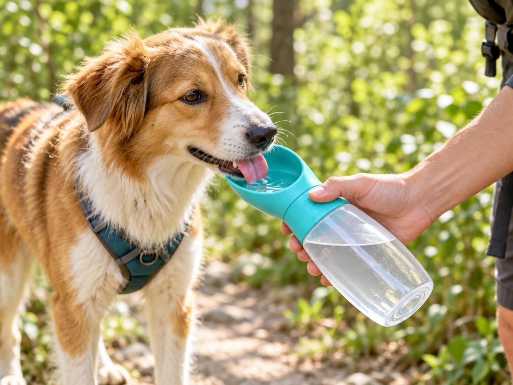 Dog drinking from the Portable Pet Water Bottle on a forest trail