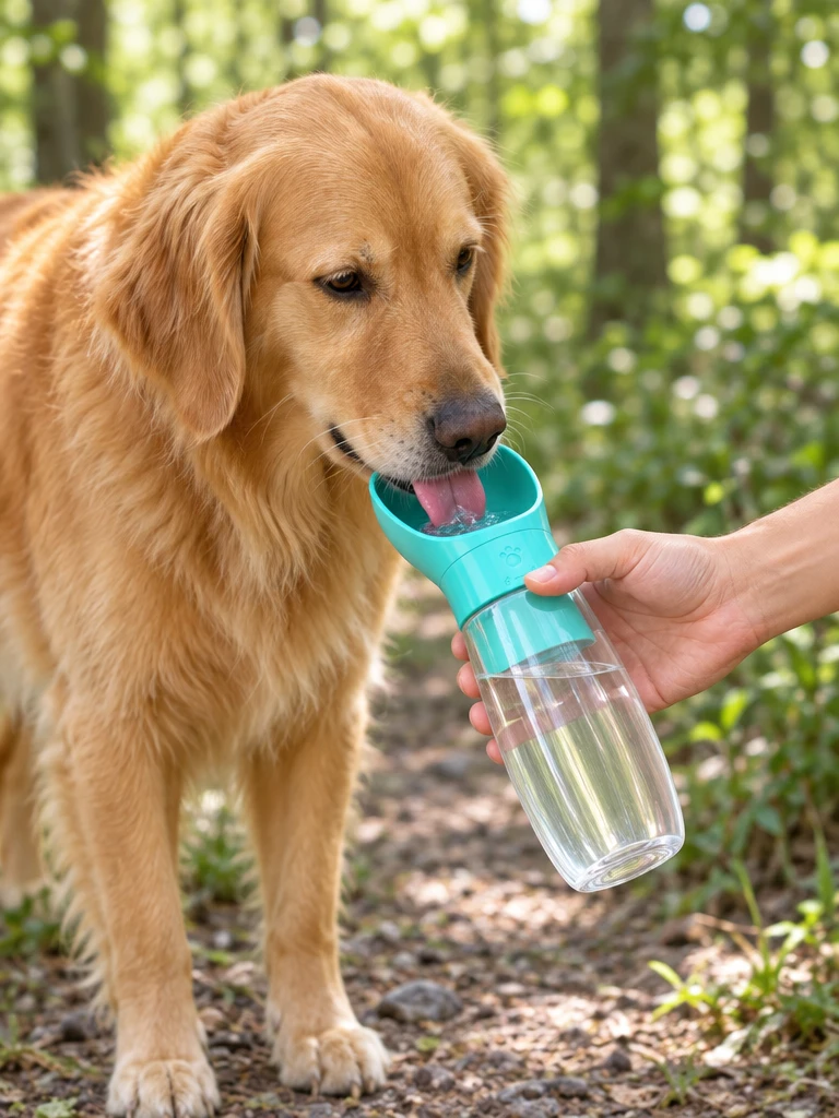 Golden retriever drinking from the Portable Pet Water Bottle on a forest trail
