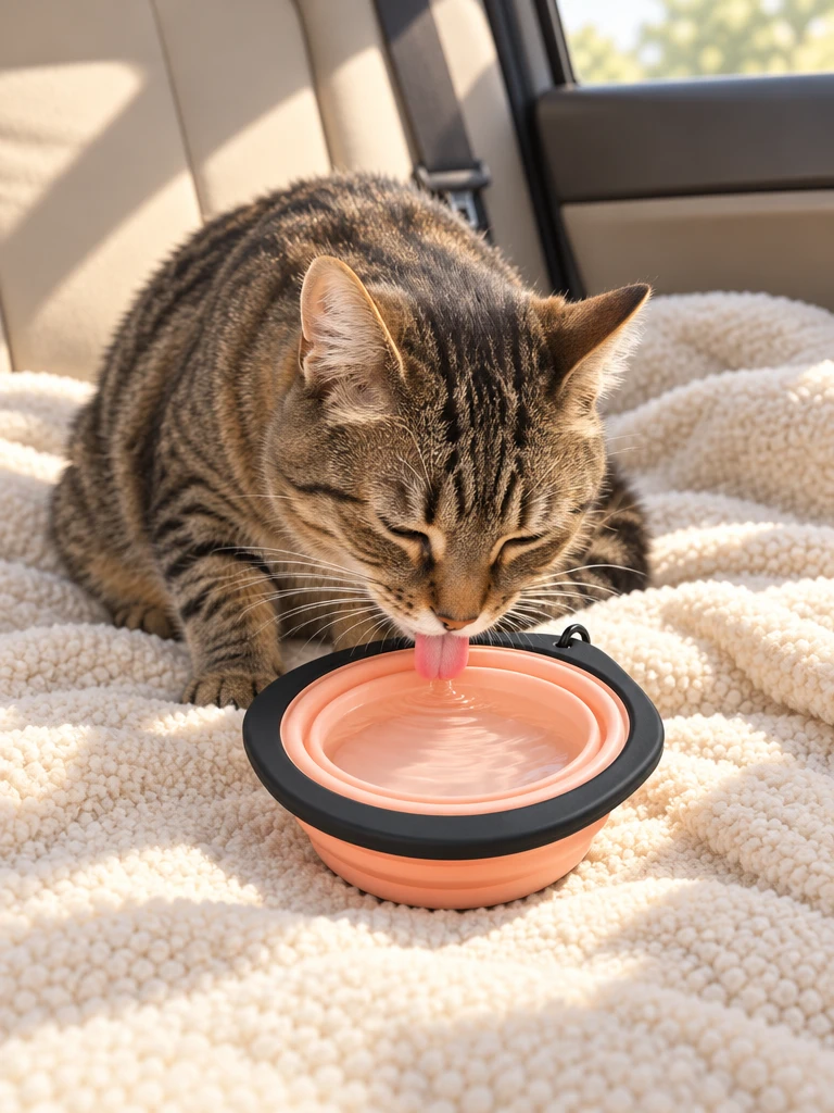 Tabby cat drinking from the Collapsible Pet Travel Bowl on a blanket in a car