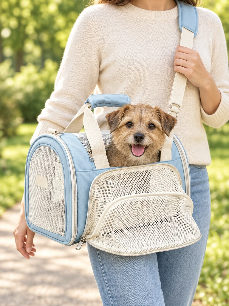Small terrier peeking out of the Cotton Pet Travel Carrier on a sunny park path